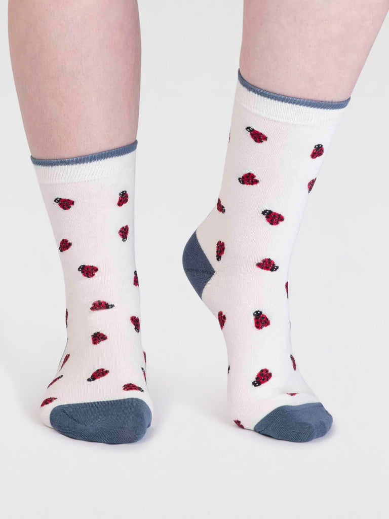 Super soft organic cotton stone white socks with ladybird print and pink toe heel contrast