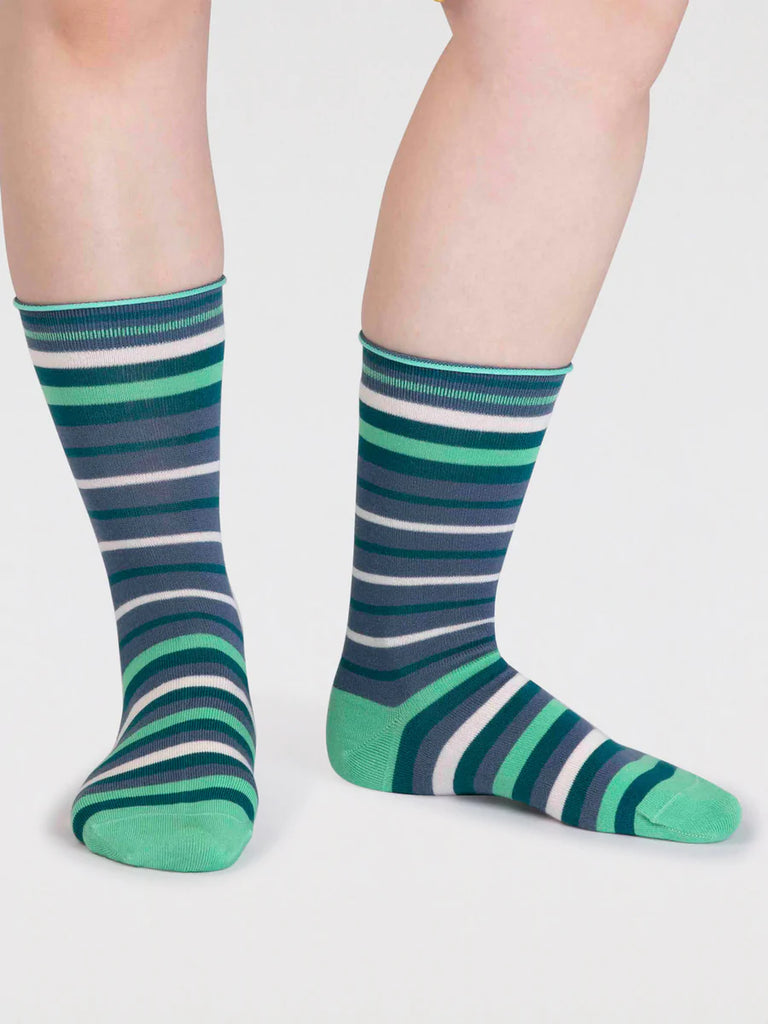 Blue, green and white striped organic cotton and bamboo sock by thought