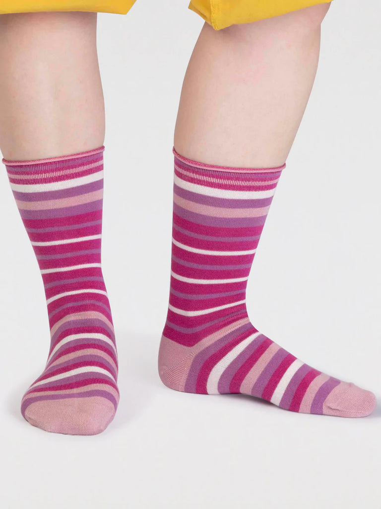 Pink, purple and white striped organic cotton and bamboo sock by thought