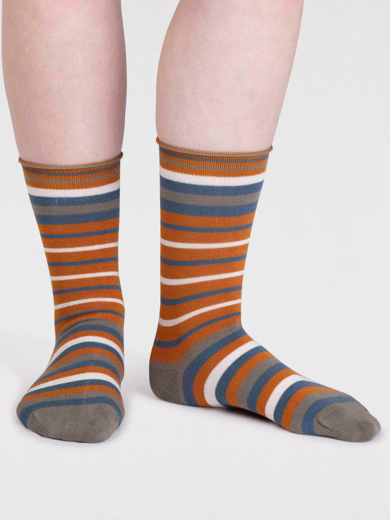 Orange, Grey, Blue and White striped organic cotton and bamboo sock by thought
