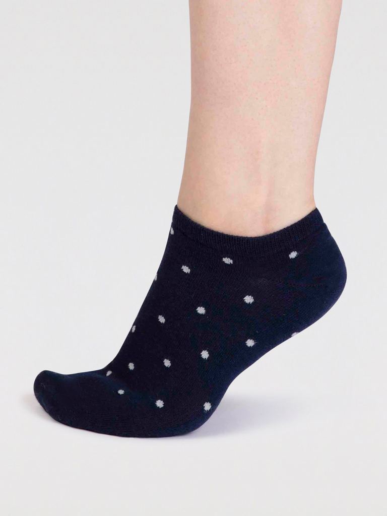 Navy bamboo trainer socks with white spots