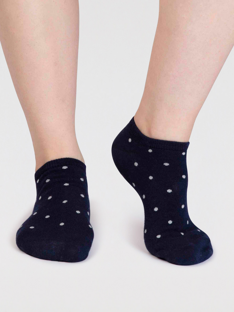Navy bamboo trainer socks with white spots