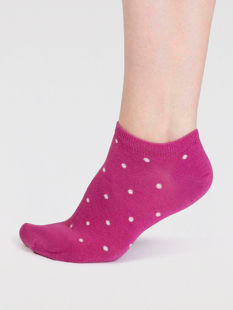 Raspberry Pink trainer socks with white spots