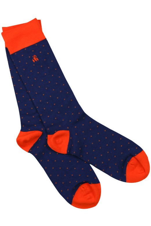 navy bamboo socks with orange dots by Swole Panda