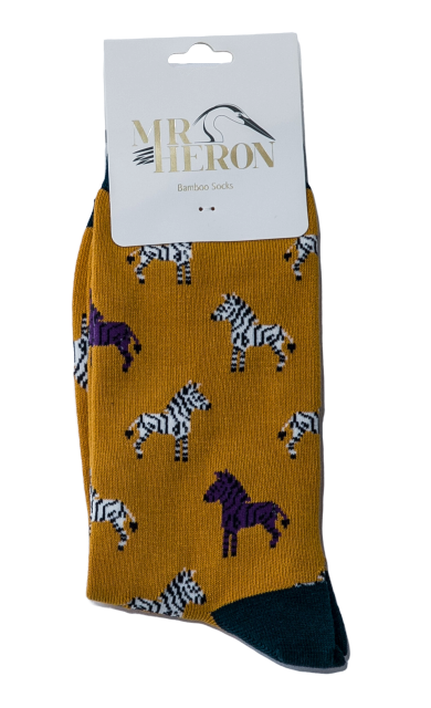 Zebra Print Bamboo Socks in Mustard by Mr Heron, Size UK 7-11-bamboofeet