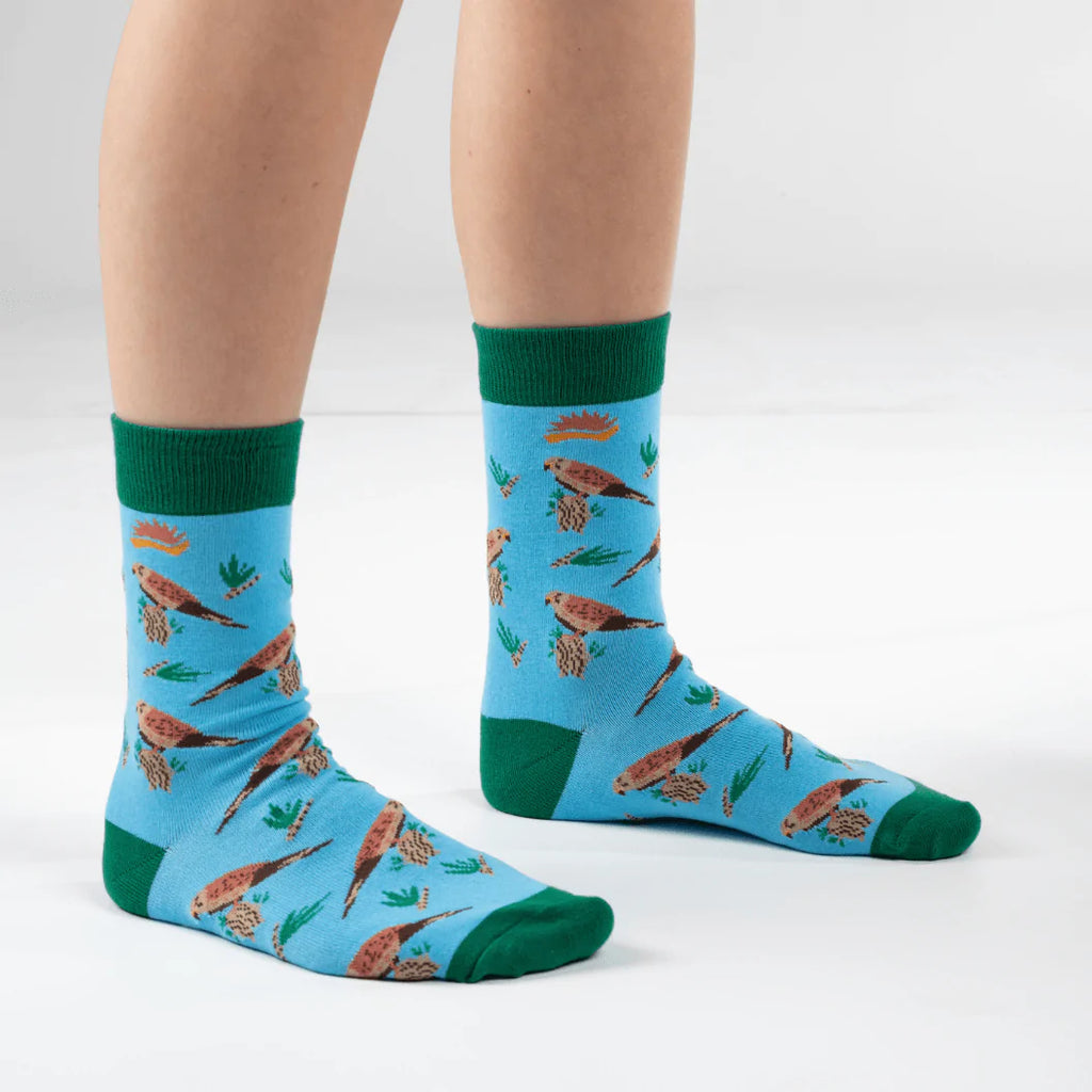 Vibrant blue super soft bamboo socks with green toe heel contrast and a kestrel bird design