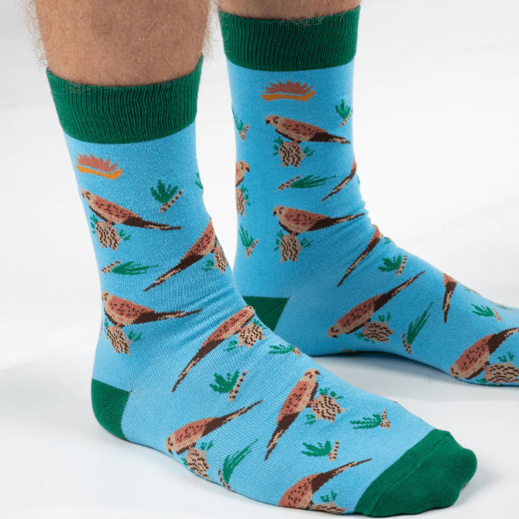 Vibrant blue super soft bamboo socks with green toe heel contrast and a kestrel bird design