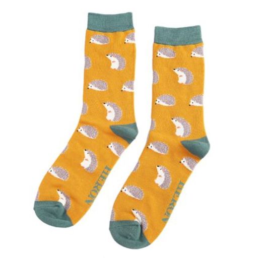 yellow bamboo socks with a hedgehog pattern