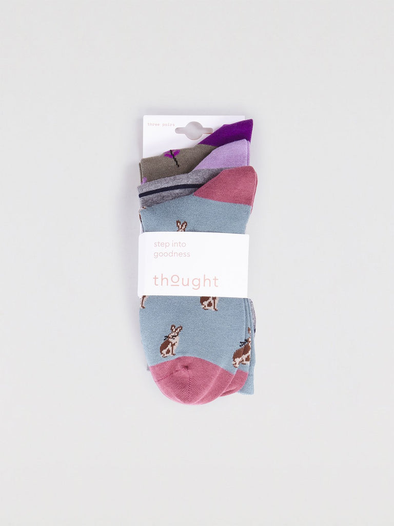 Kiara sock pack 3 pair blue pink grey purple with rabits stripes and leaves