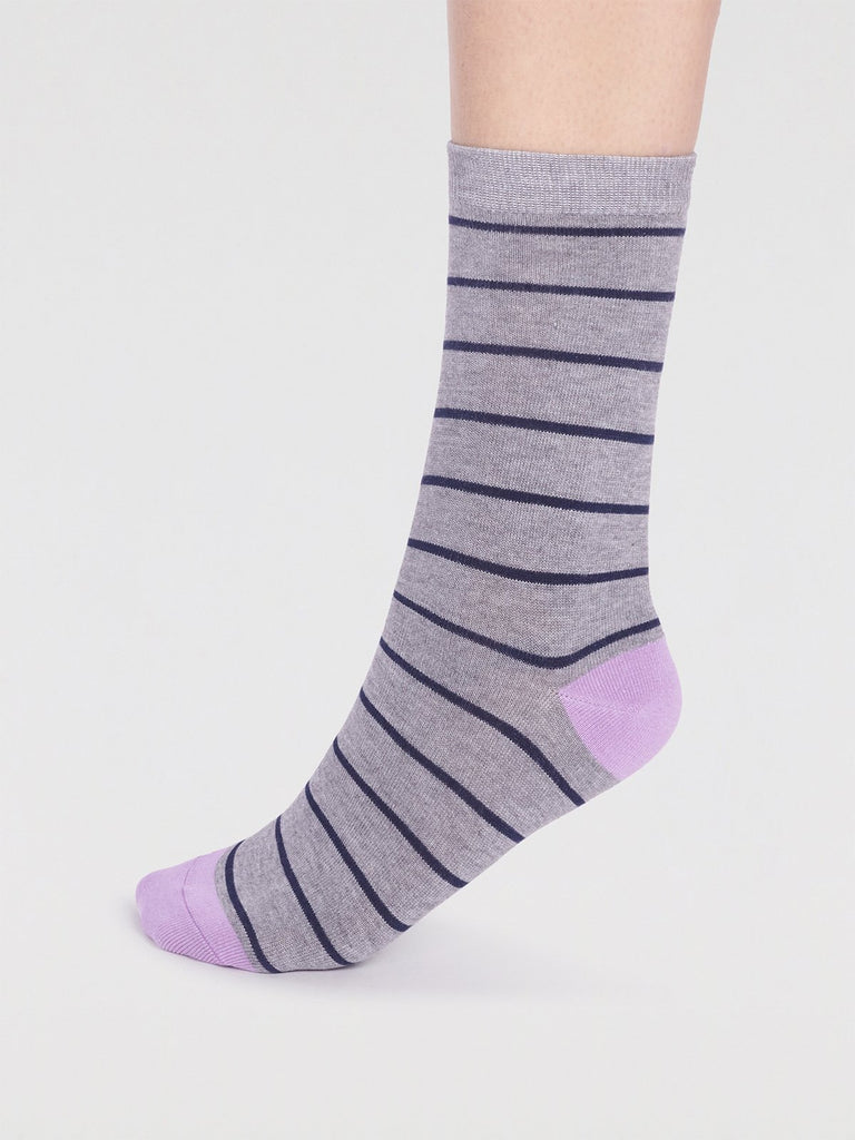 Grey striped bamboo socks with purple toe and heel and navy stripes