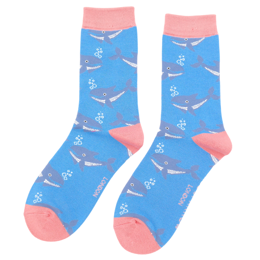 women's blue bamboo socks with a whales theme by Miss Sparrow