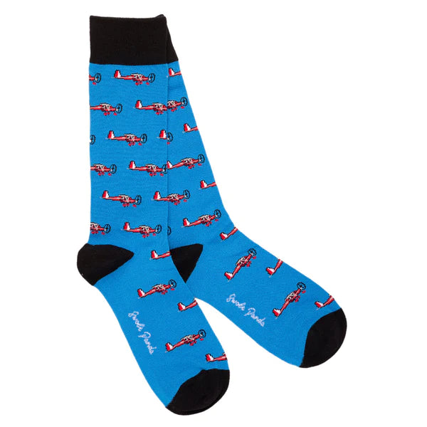 Blue bamboo sock with black contrasting toe, heel and cuff. Featuring an aeroplane design with swole panda logo on sole of foot.