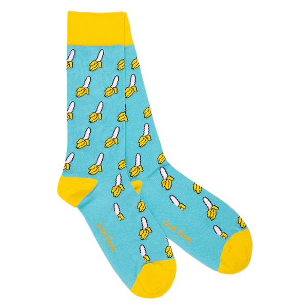 Blue bamboo socks with banana print and yellow contrasting toe, heel and cuffs. Featuring swole panda logo on sole of foot.