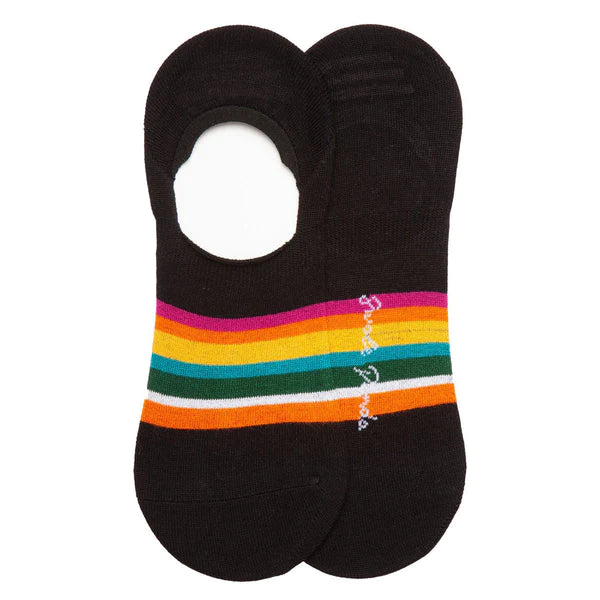 No show black bamboo socks with pink, orange, yellow, blue, green and white stripes and swole panda logo on foot.
