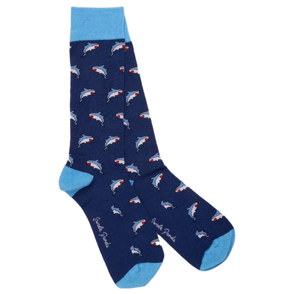 Blue bamboo sock with light blue contrasting heel, toe and cuff. Featuring a shark design and swole panda logo on sole of foot.