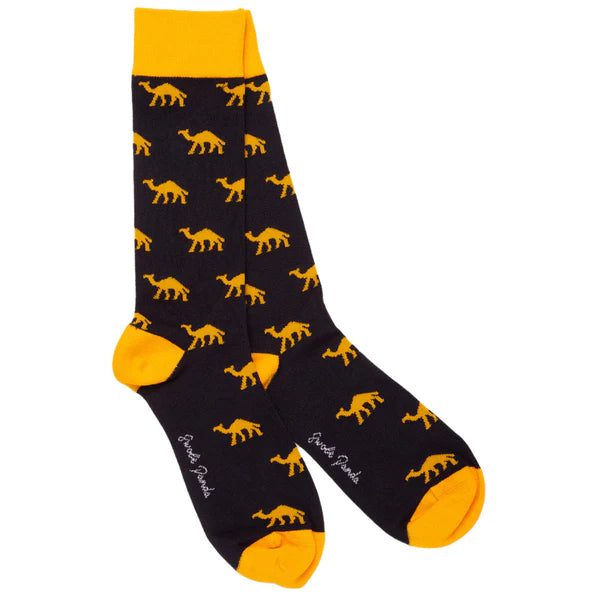 Black bamboo socks with yellow camels and contrasting toe heel
