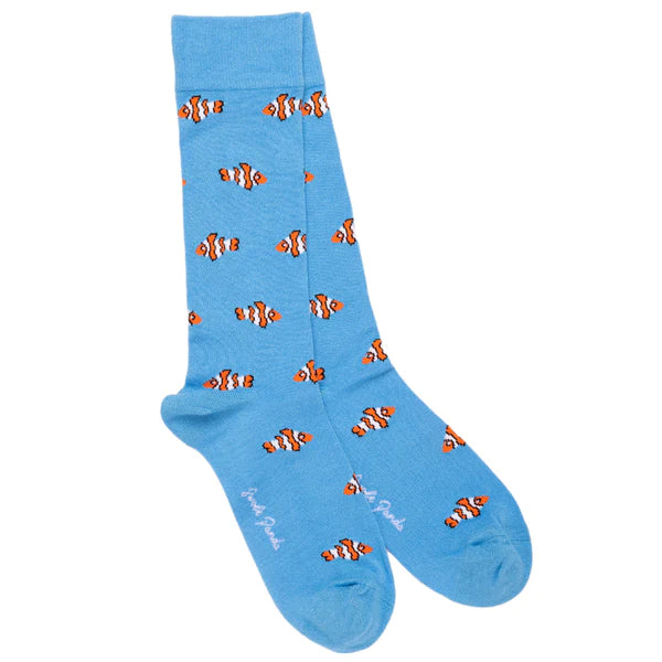 Light blue bamboo sock with orange clownfish print and swole panda logo on sole of foot