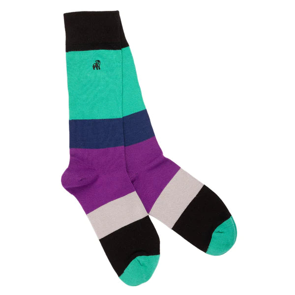 Striped bamboo sock with green, navy, purple black and white stripes. Featuring swole panda logo above the ankle.