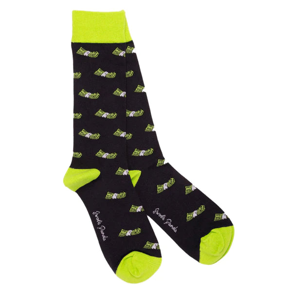 Black bamboo socks with bright green contrasting toe, heel and cuff. Featuring a money print with swole panda logo on sole of foot.