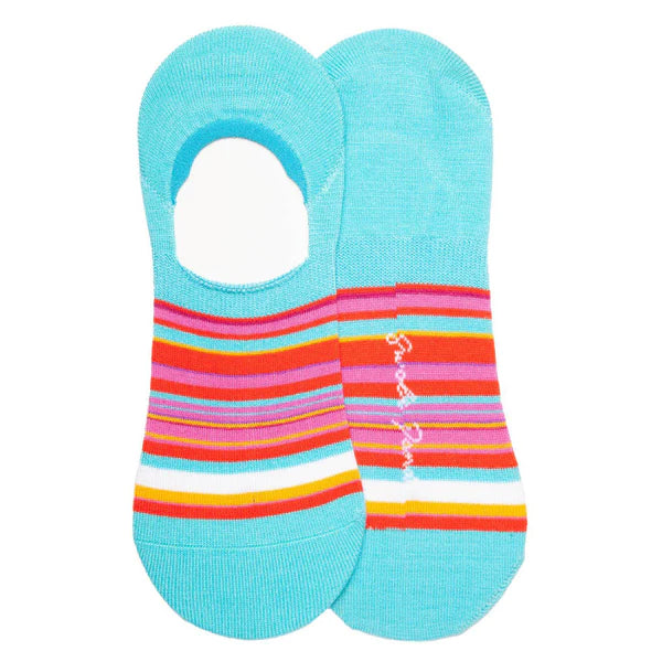 Blue no show bamboo socks with orange, red, pink and yellow stripes