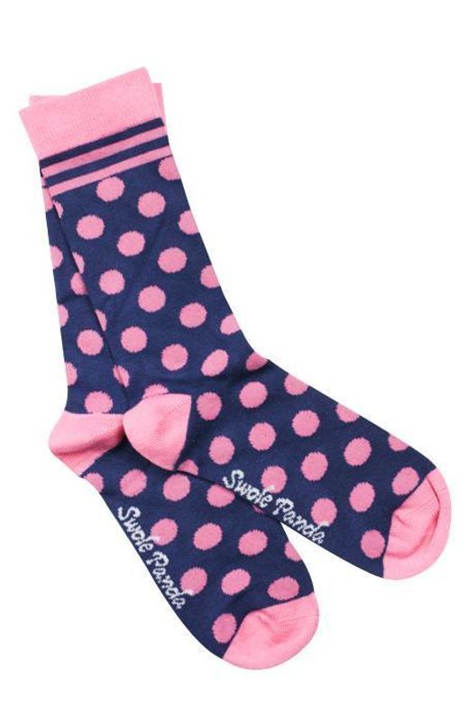 navy and pink polka dot bamboo socks by Swole Panda
