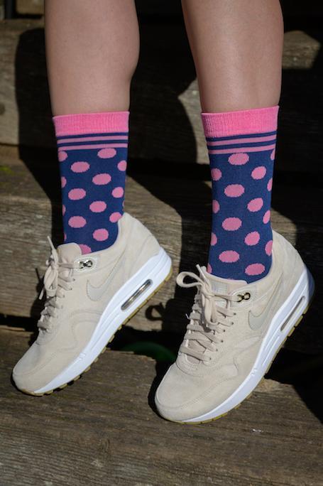 navy and pink polka dot bamboo socks by Swole Panda