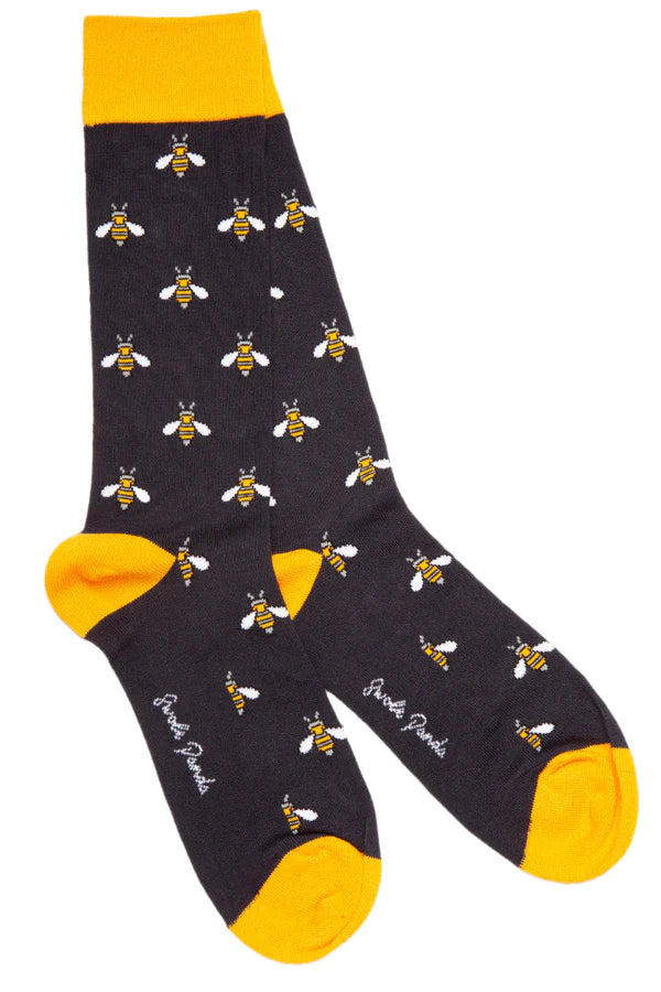 Black bamboo sock with contrasting yellow toe heel and bee print