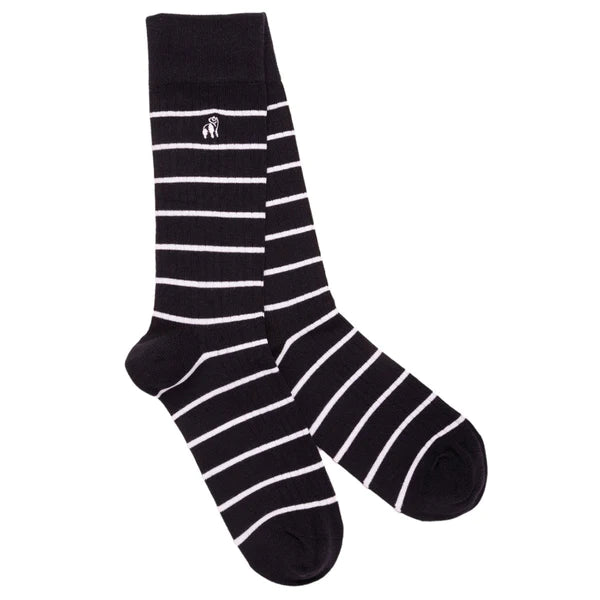Navy bamboo socks with white stripes and swole panda logo on ankle