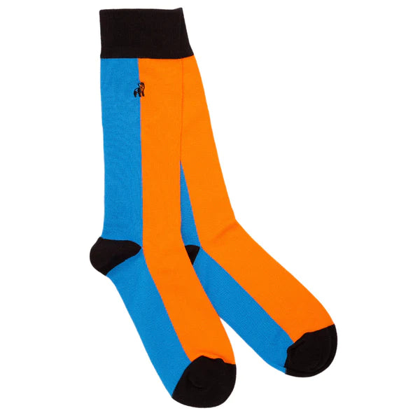 Orange and blue striped sock with black contrasting toe and heel. Featuring swole panda logo above the ankle.