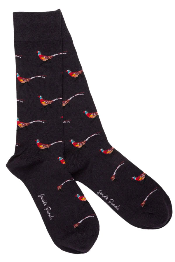 Black bamboo socks with pheasant print with swole panda logo on sole