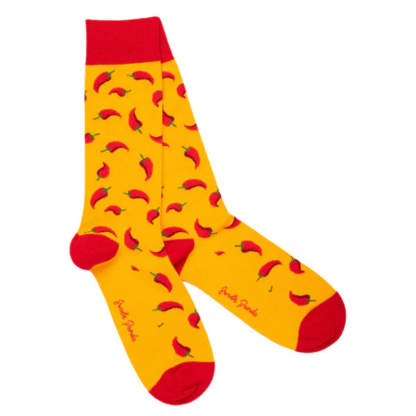 Yellow bamboo sock with red contrasting toe, heel and cuff. Featuring a chilli print and swole panda logo on sole of foot.