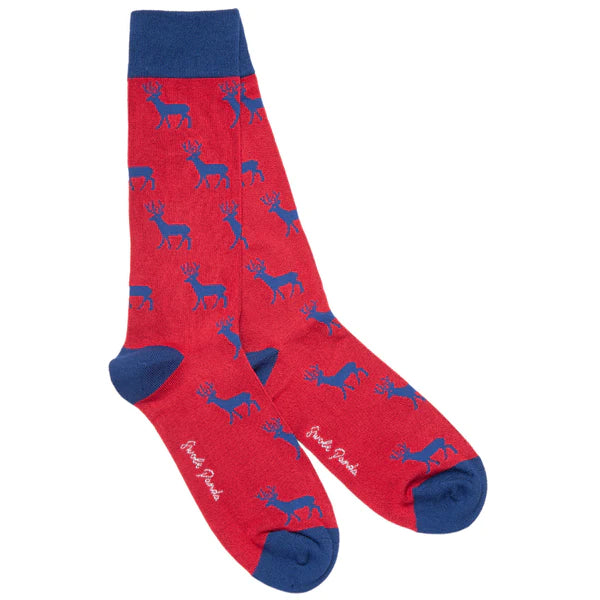 Red bamboo socks with navy contrasting toe, heel and cuff. Featuring a stag design and swole panda logo on foot.