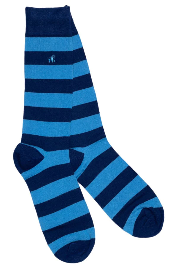 Light blue and navy striped bamboo socks with swole panda logo above the ankle