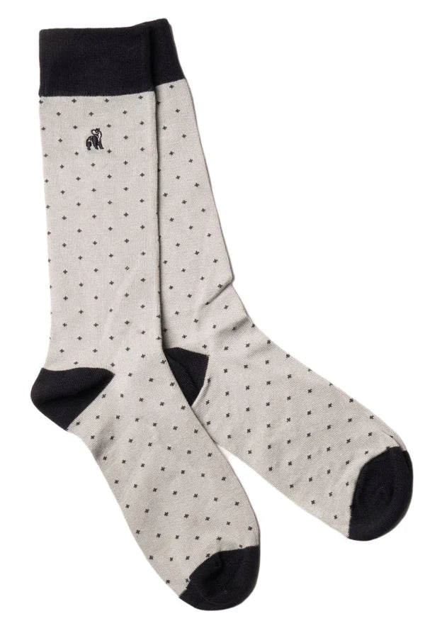 Light grey spotted bamboo sock with black spots and contrasting toe heel. Featuring swole panda logo on side of leg