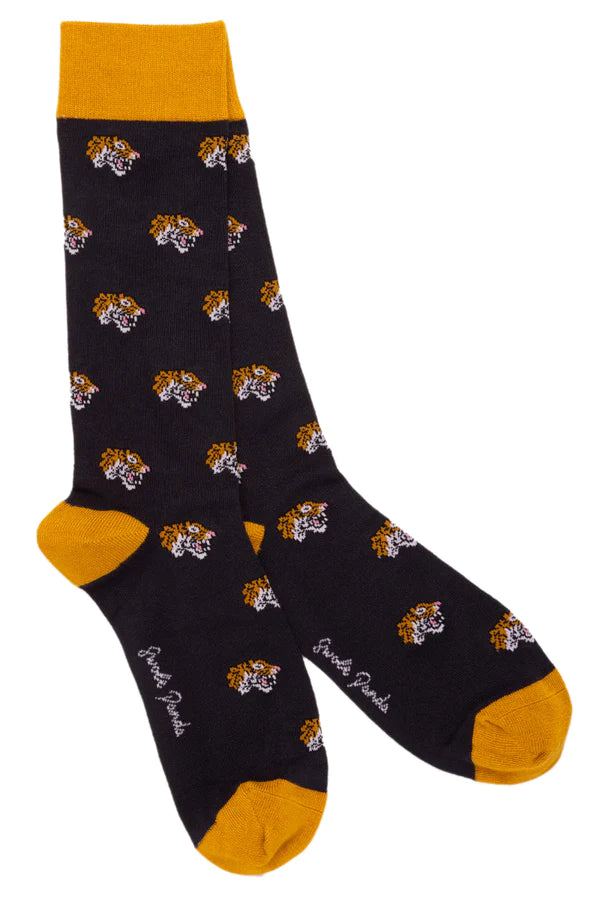Black bamboo socks with yellow contrasting toe, heel and cuff. Featuring a tiger design and swole panda logo on the sole of the foot