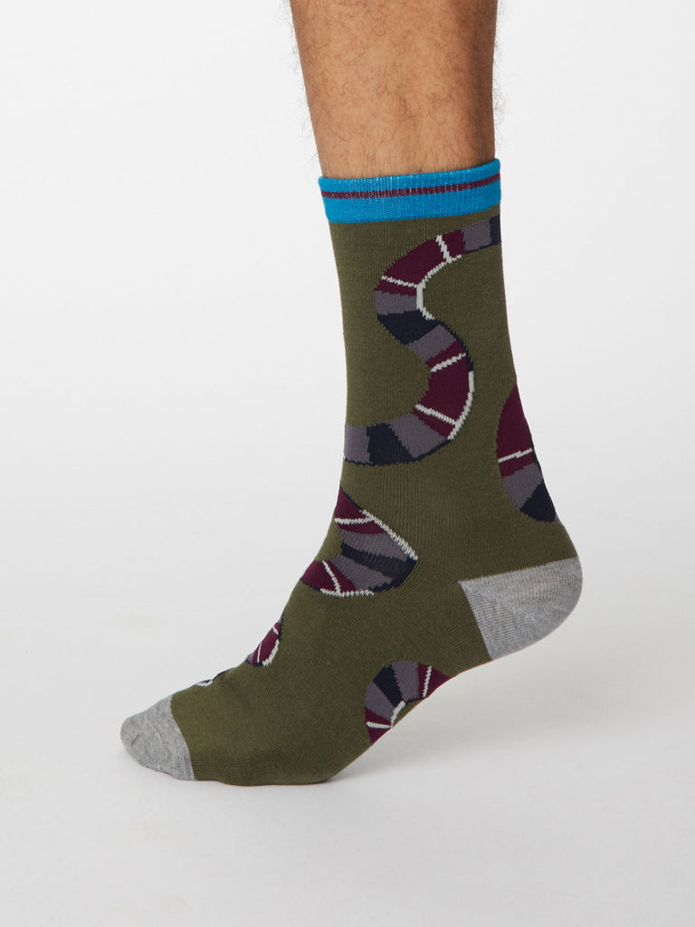 Serpent Bamboo Snake Socks in Khaki Green by Thought, Size 7-11-bamboofeet